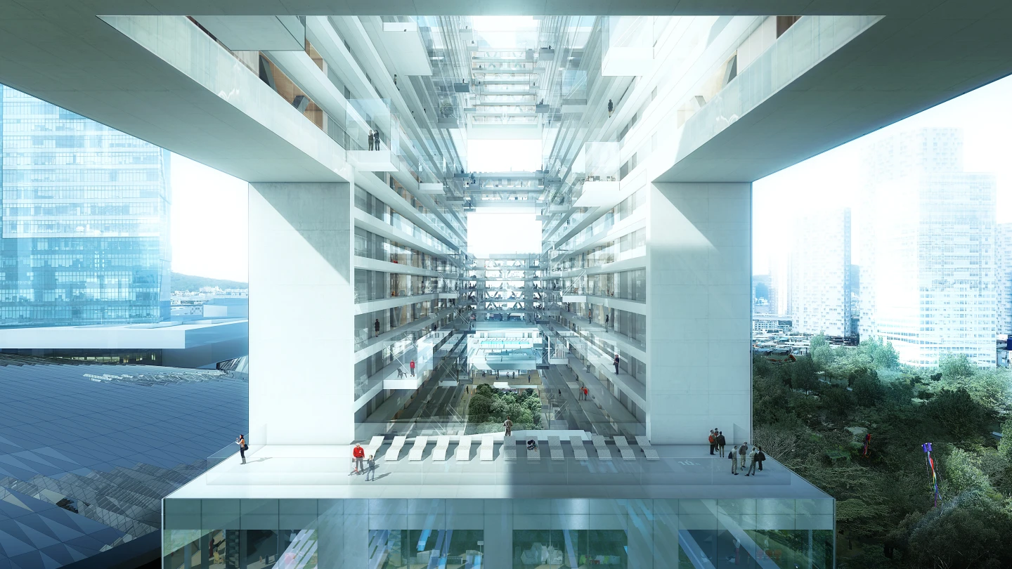 The main design feature that increases the spaciousness and airiness that will bring light into the space is the enormous light well the descends vertically through the building