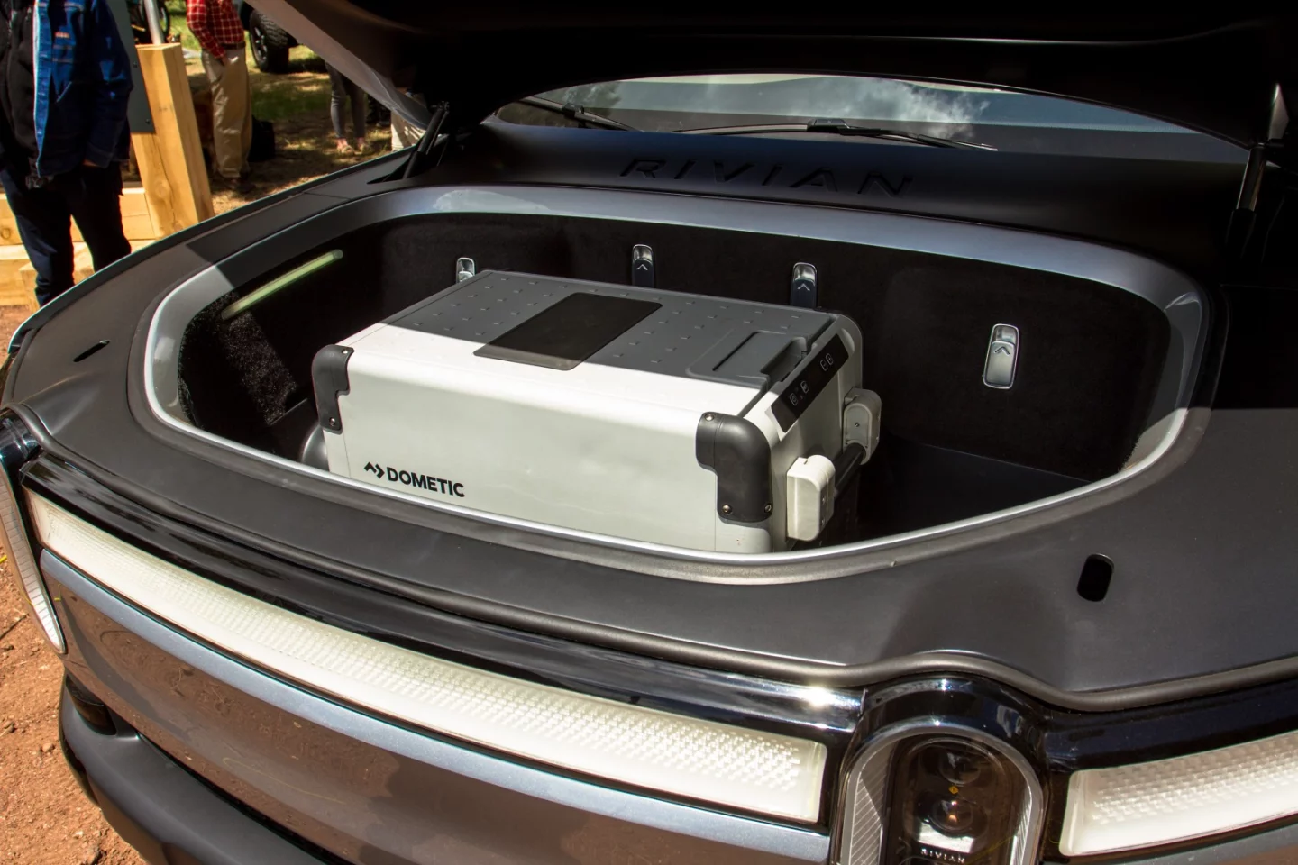 Rivian packed the Dometic fridge away in the frunk as the bulky unit is a bit large for the gear tunnel