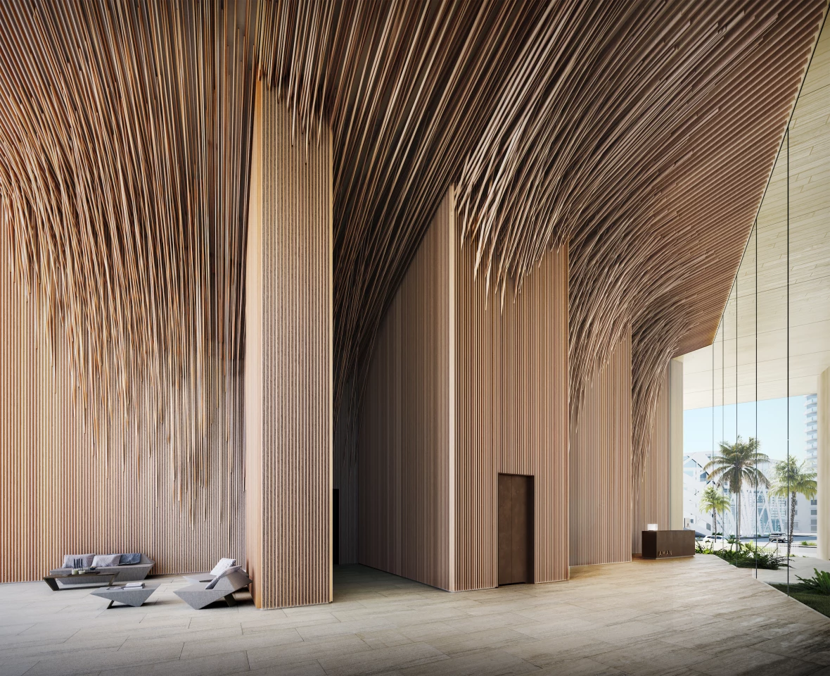 Aman Miami Beach Residences' lobby will be defined by a stylized "flying tree" consisting of decorative latticed wood