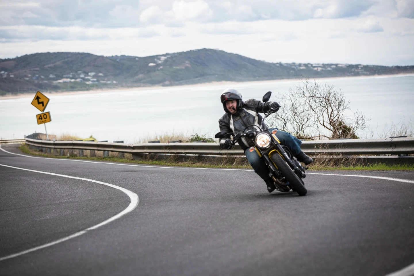 2015 Ducati Scrambler – you can't tip it over much more than this without causing a shower of sparks