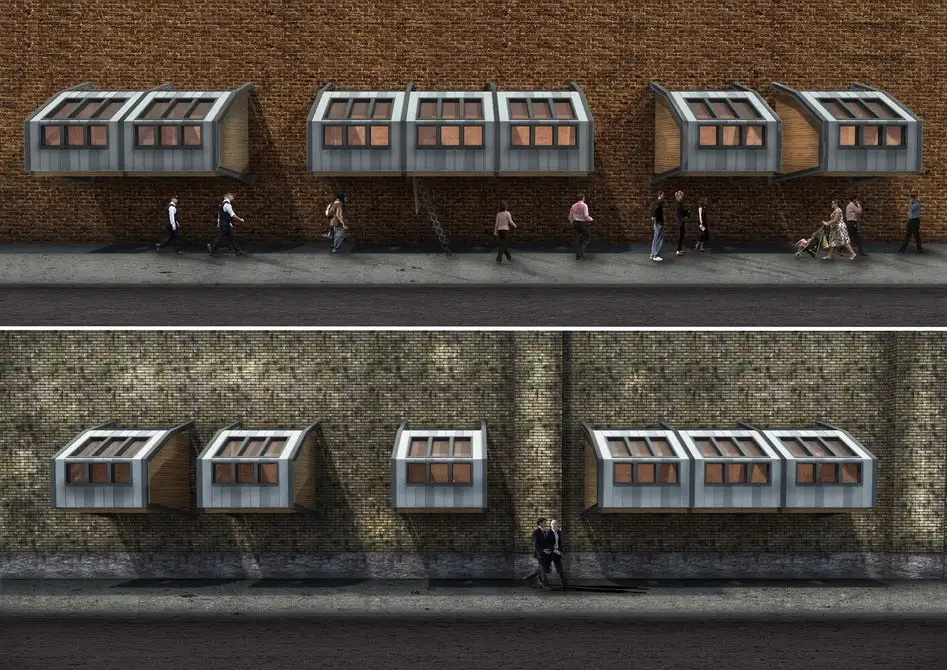 Homes for the Homeless is a concept by James Furzer designed to supply pods that attach to the side of buildings in London and offer refuge to those that sleep on the streets