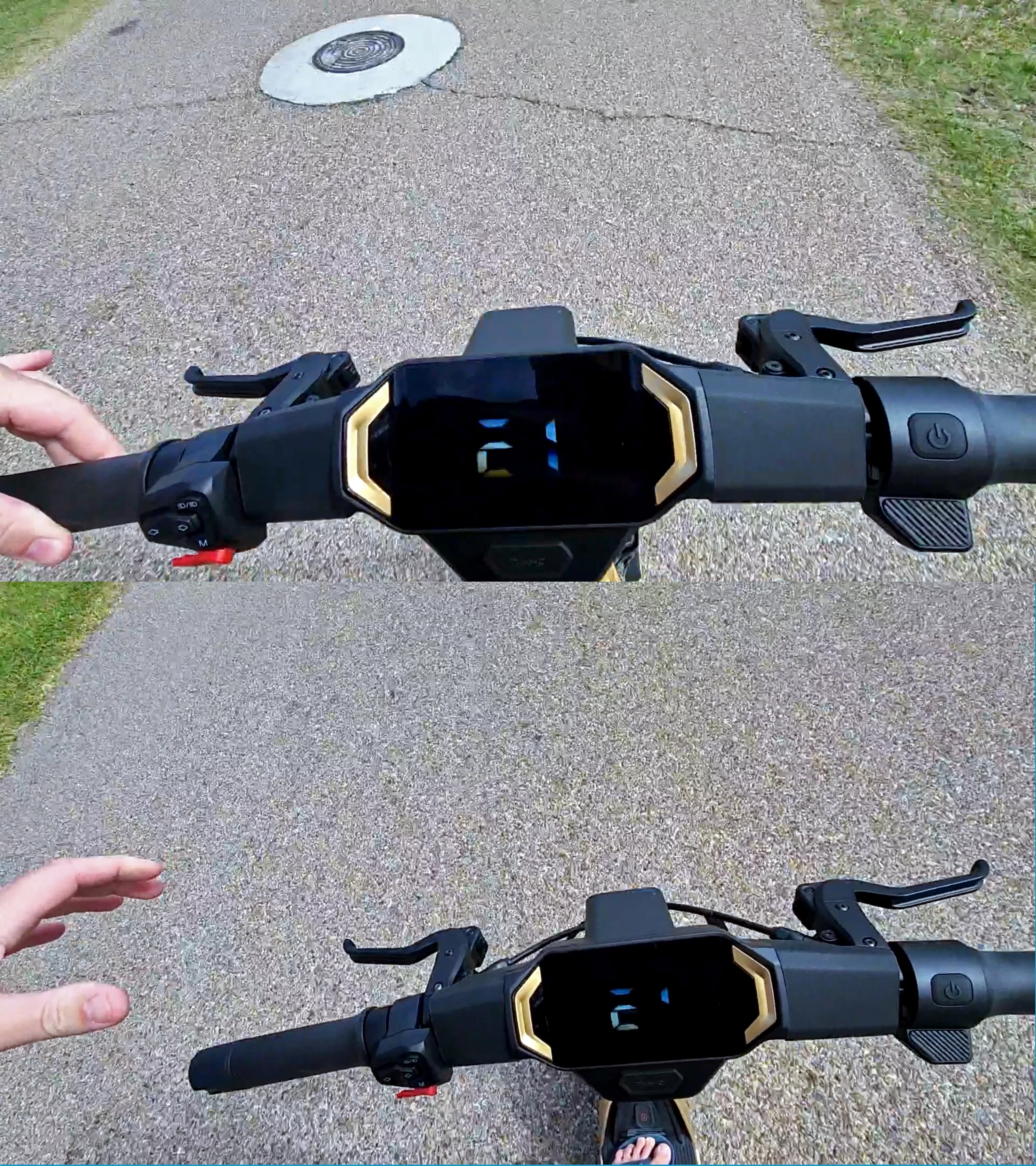 Stable as a gable! Cruise control at 21 mph (34 km/h), phone filming in one hand, nothing in the other ... and I still can't get over how beautiful those radial-mount master cylinders are. And no, there's nothing wrong with the dash. The frame rate in the camera and refresh speed of the dash simply did not sync.