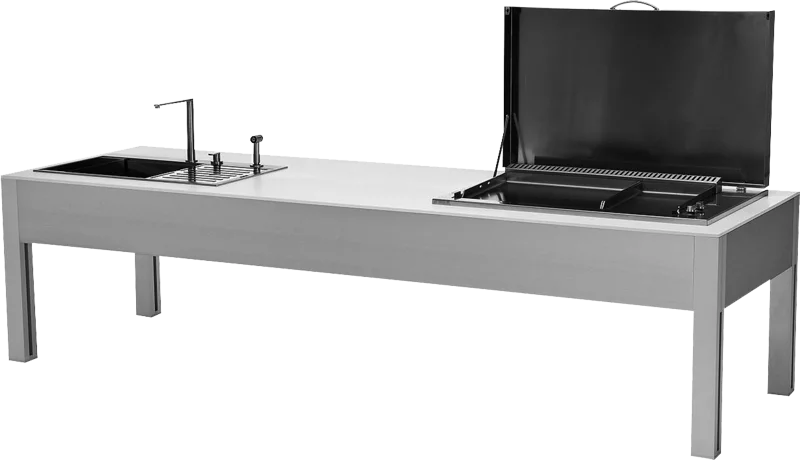 Made from anodized aluminum with ultra-resistant polyester cover and PVC coating, Open Bar is home to a BBQ grill and sink and can be hooked up to water, gas and electricity mains