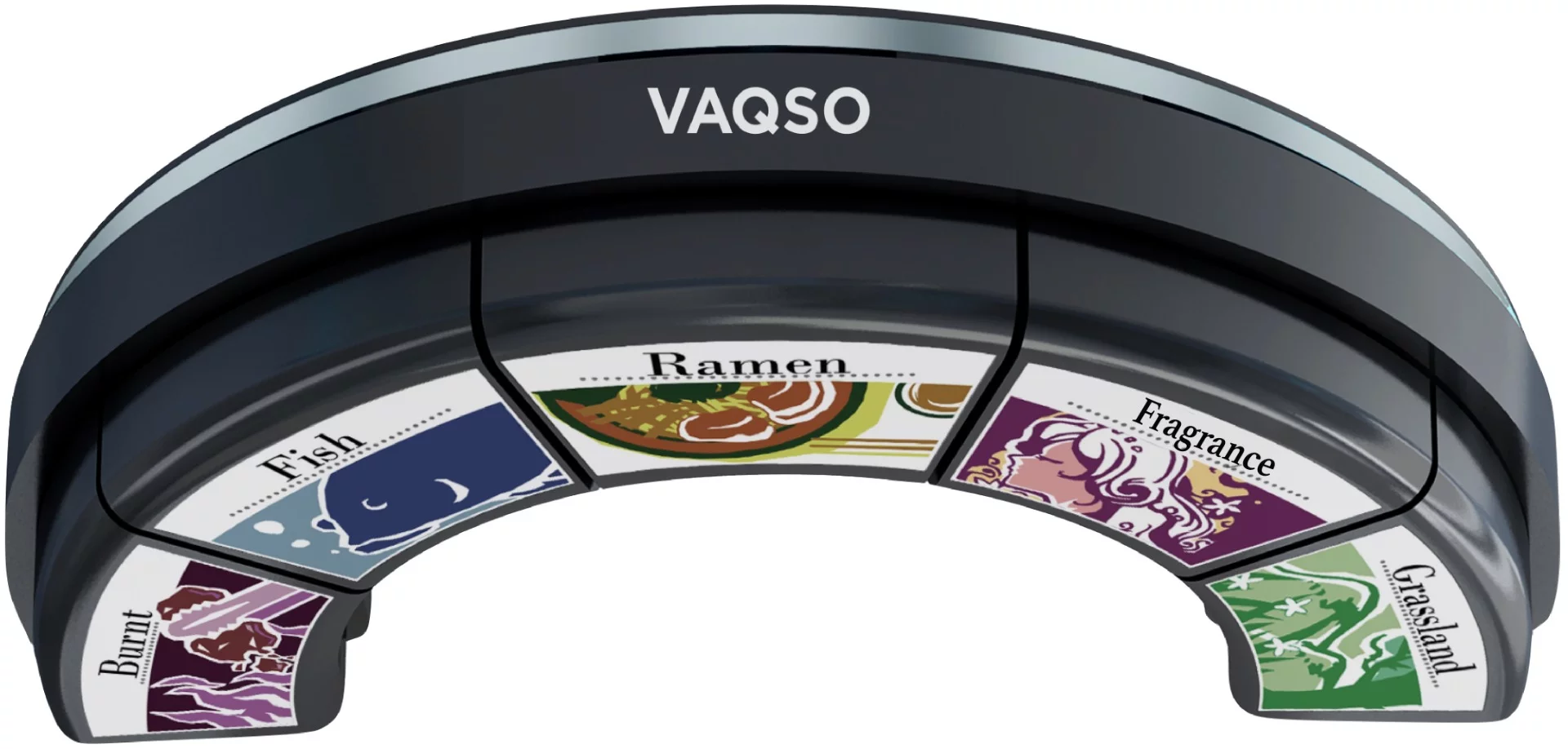 The main Vaqso unit contains five replaceable cartridges, each of which is loaded with one of 15 currently-available scented oils