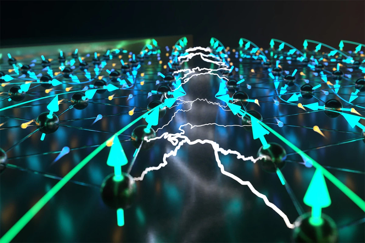 Spiral magnetic order (light blue arrows) on the triangular lattice of NiI2 (black spheres represent Ni atoms) enables electrically switchable p-wave magnetism (white jagged lines)