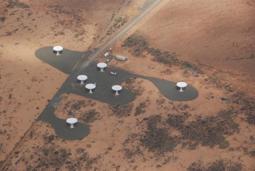 An aerial overview of the KAT-7 telescopes in South Africa