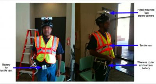 The system comprises a binocular camera linked by sophisticated direction finding software to a vest that signals where to go (Image: USC Viterbi School of Engineering)
