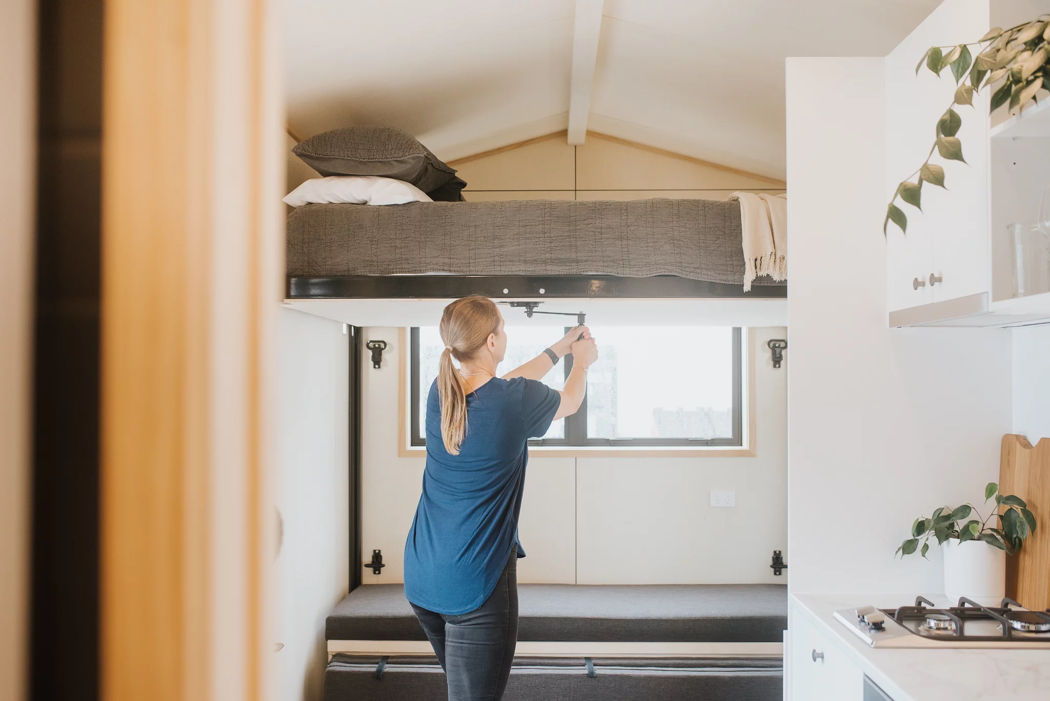 The Te Whare Nukunuku Tiny House's bed is operated using a hand crank