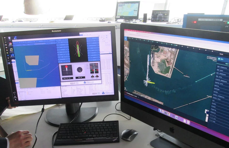 The ship's automated berthing/unberthing system monitor (left) and its navigation system monitor (right)