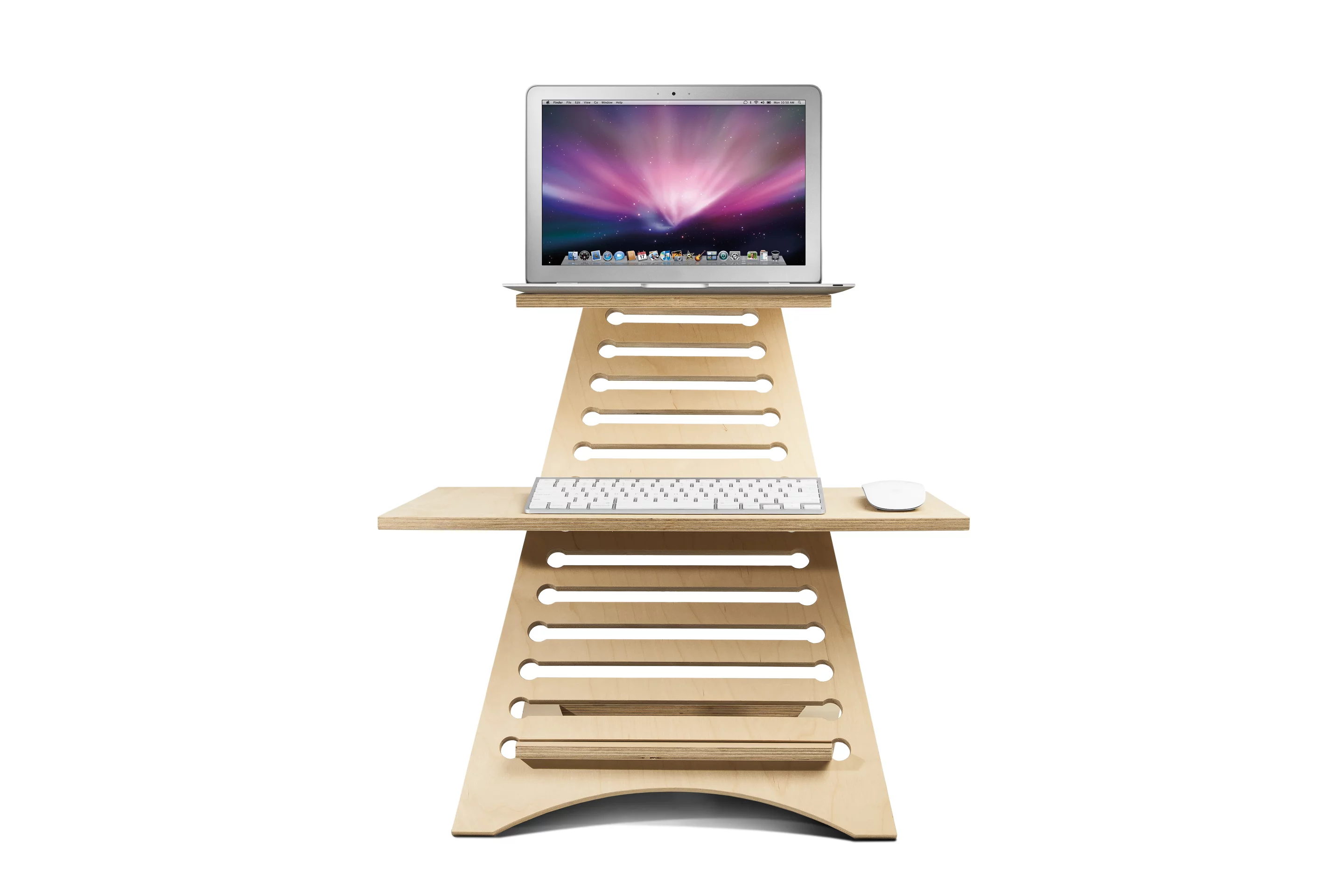 Slots in the main frame allow the user to adjust the height of the keyboard and laptop
