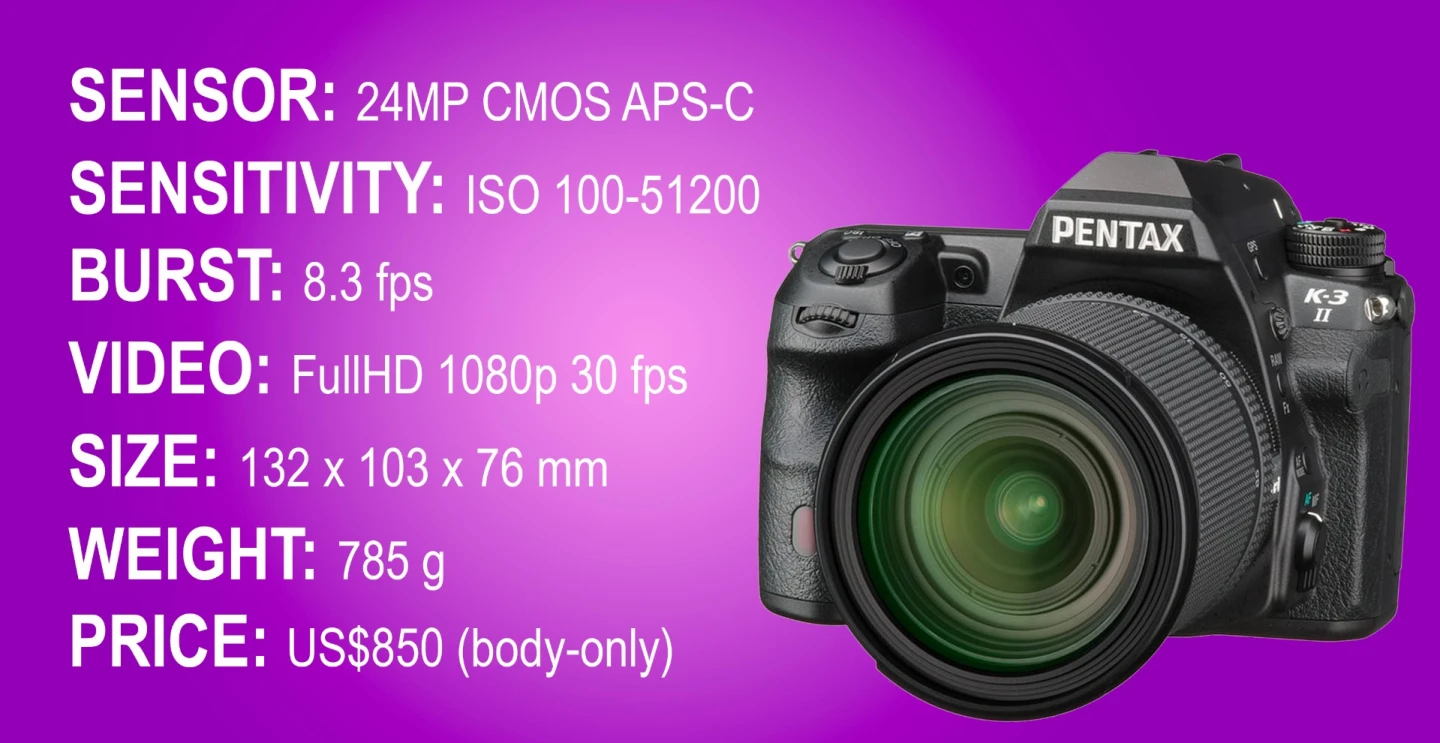 The key specifications of the Pentax K-3 IIAPS-C DSLR camera