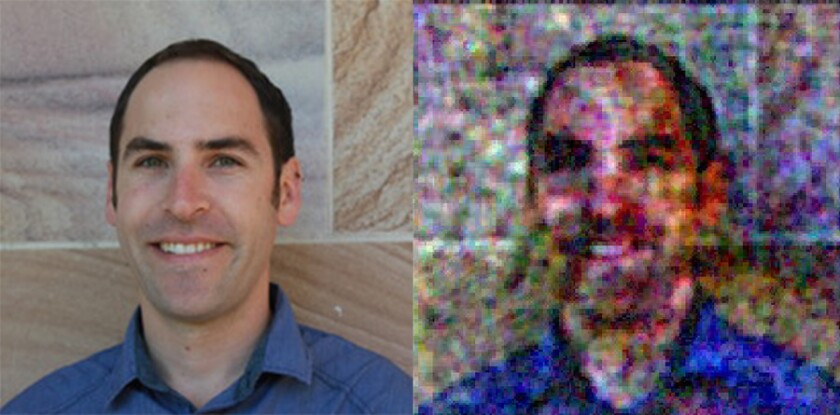 A photo of UQ researcher Tyler Neely (left), and a reproduction of that image on a "quantum canvas" (right), which has been given color in post-production processes