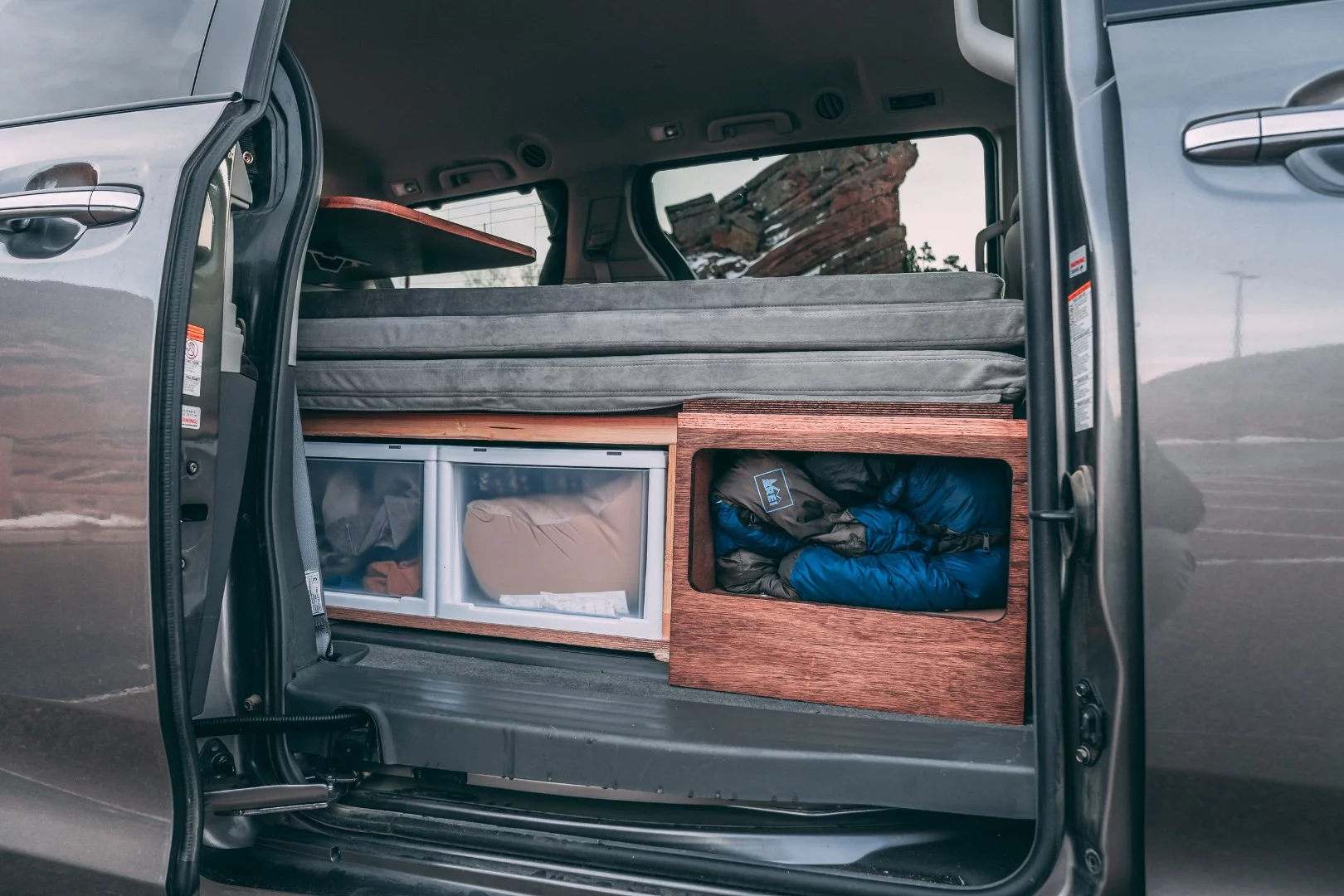 Campers can access some items through the passenger-side sliding door