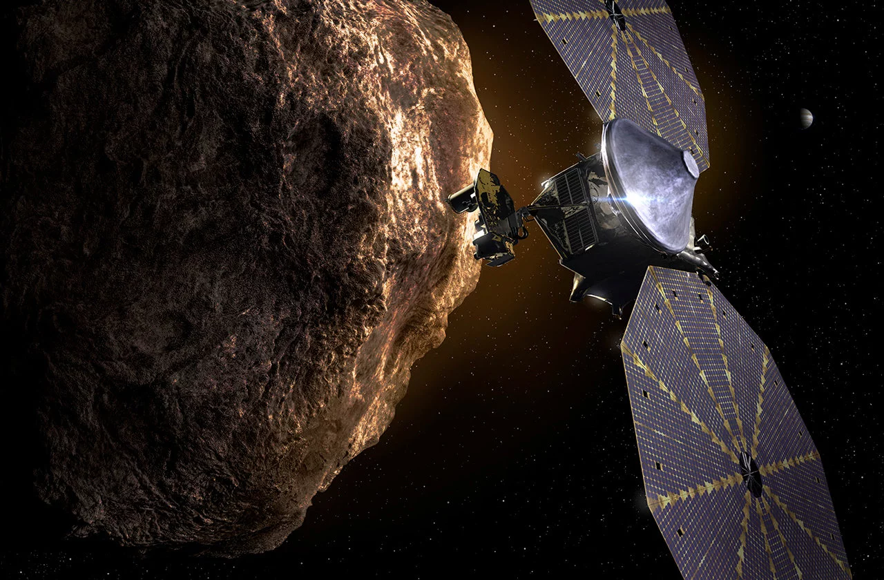 An artist's impression of Lucy performing a close flyby of an asteroid