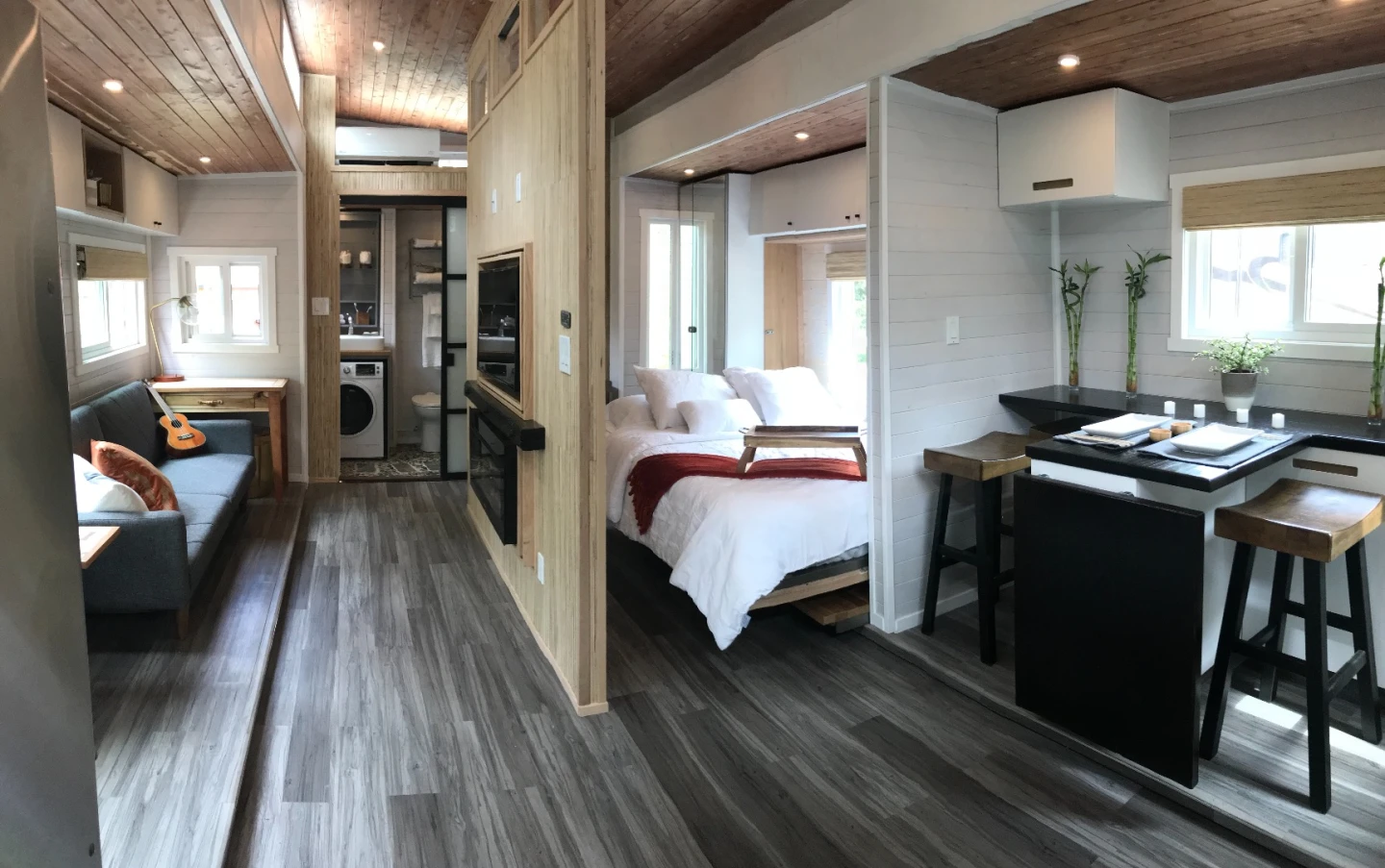 The Aurora's bedroom features a Murphy-style drop down bed and doubles up as a home office
