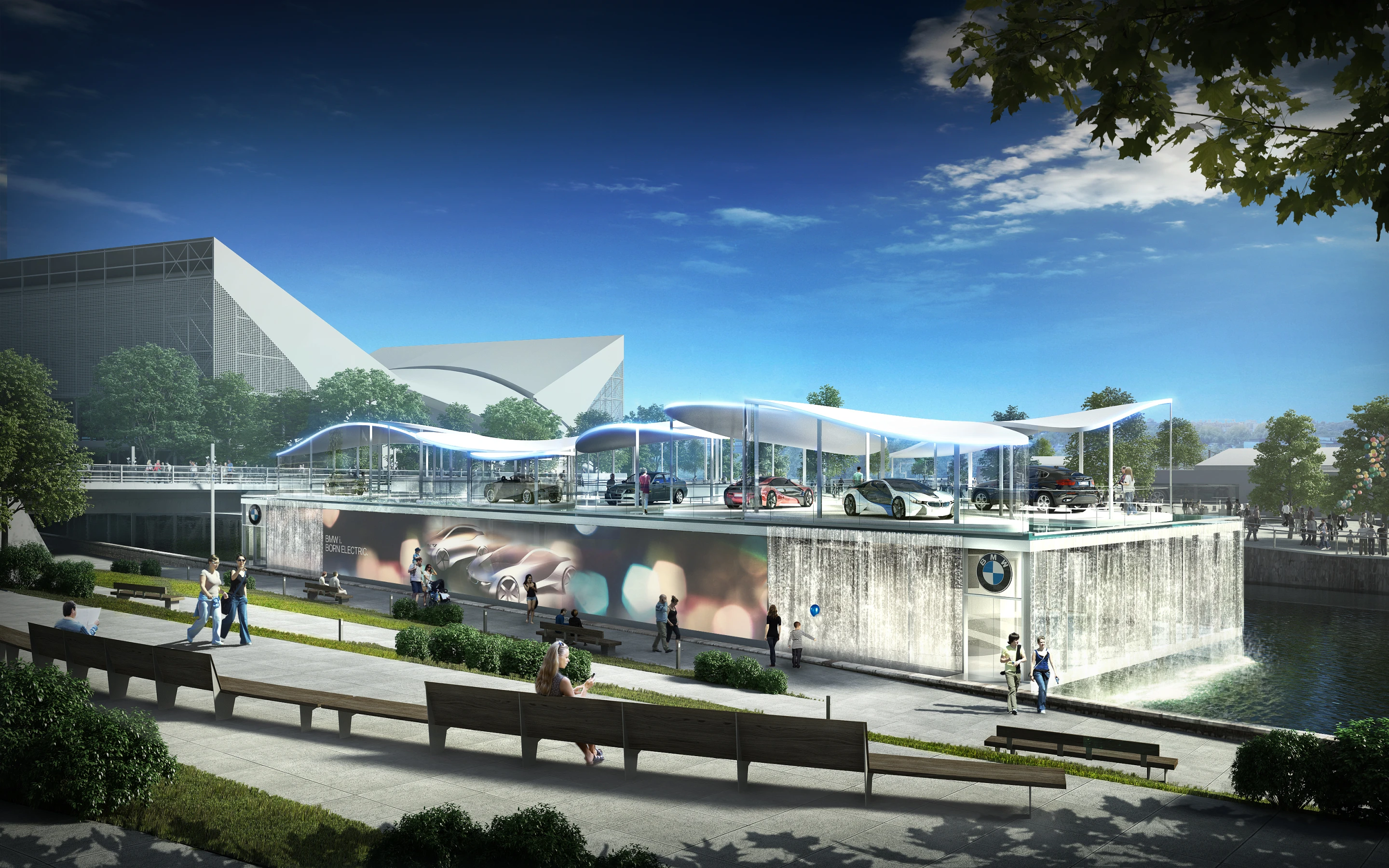 The BMW Olympic Pavilion sits between the Olympic Stadium and Aquatics Centre