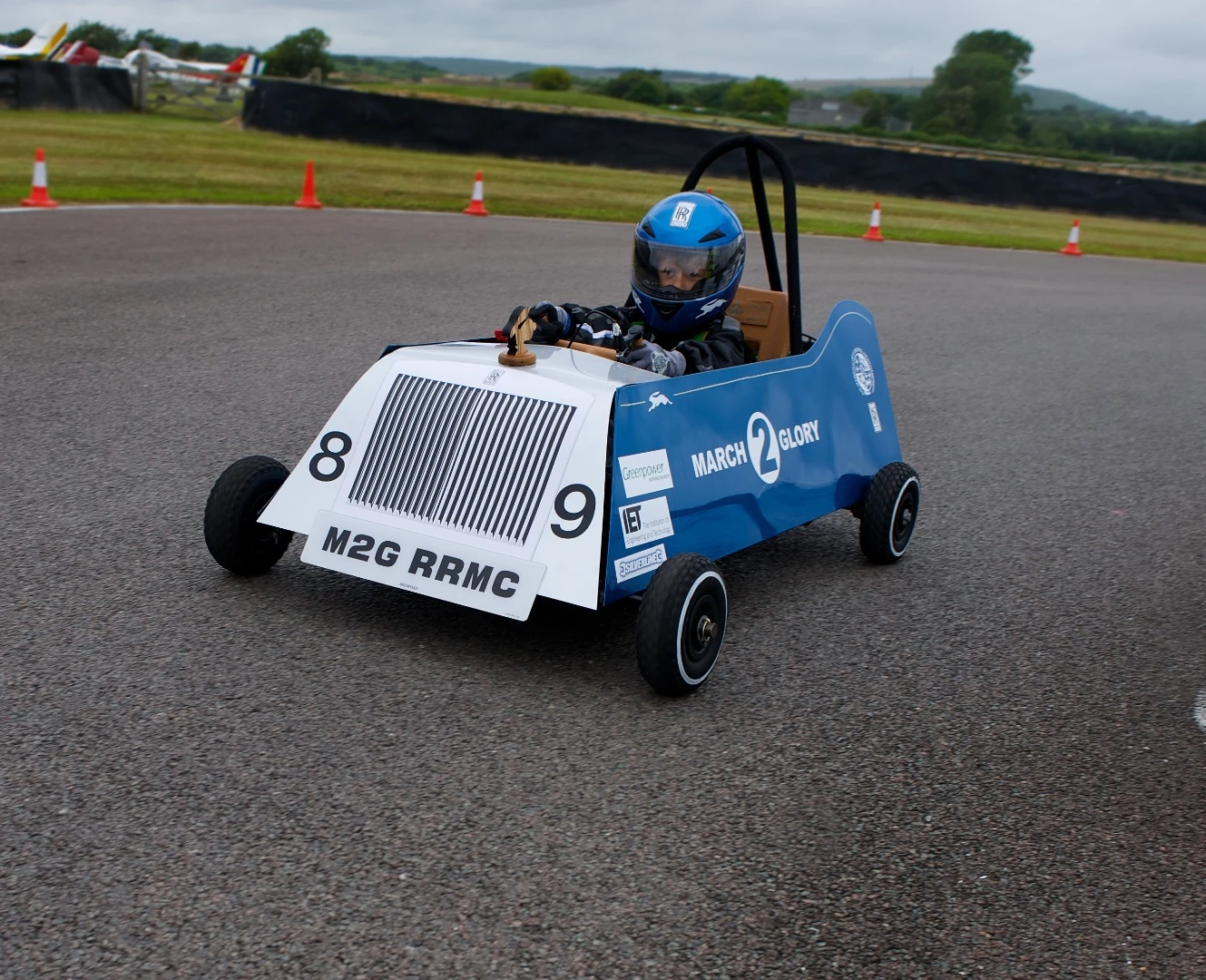 The little go-kart is powered by an electric drive