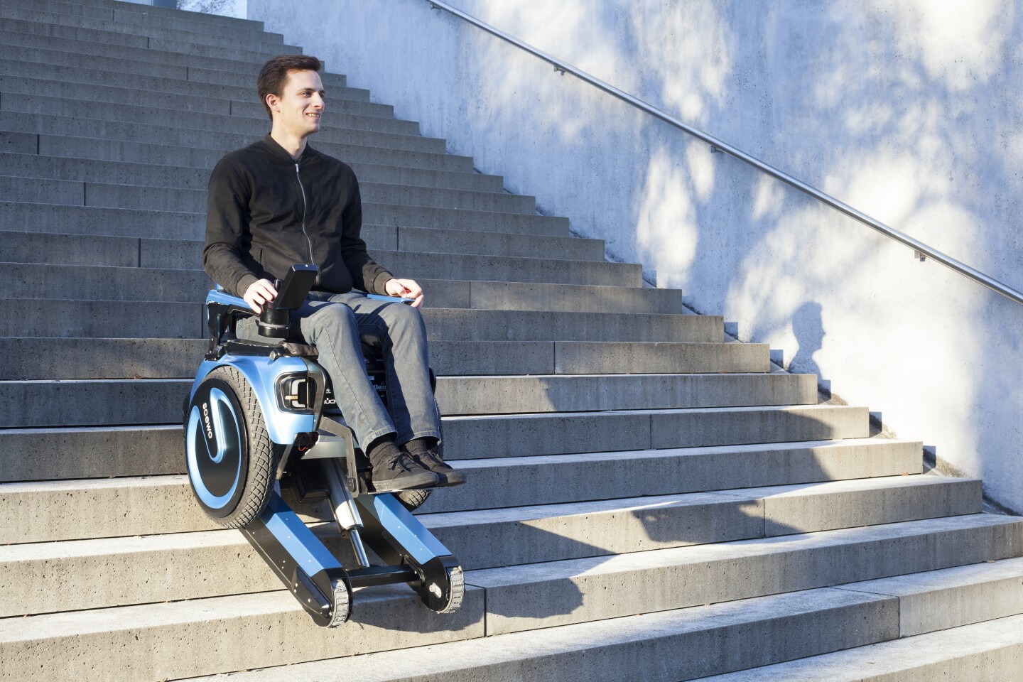 Riders comfortably face forwards when traveling both up and down stairs