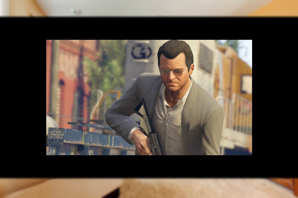 Simulated image of what playing Grand Theft Auto V on the Avegant Glyph would look like (background image: Iriana Shiyan/Shutterstock)