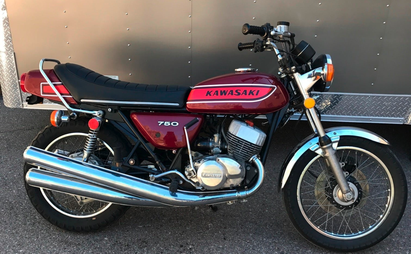 The Kawasaki 750 cc three-cylinder two-stroke Mach IV was the fastest motorcycle on the road for several years until Kawasaki released the four cylinder four-stroke Z1. Despite what is written in wikipedia about the bike, this bike was no match for the subsequent 900cc Z1 in production racing, if for no other reason that it had to stop for gas once an hour if you had the throttle wide open for long. Just the same, $14,300 is a surprisingly high price for a two-stroke motorcycle and perhaps the Mach IV is finally beginning to be appreciated as an infinitely better motorcycle than the Mach III.