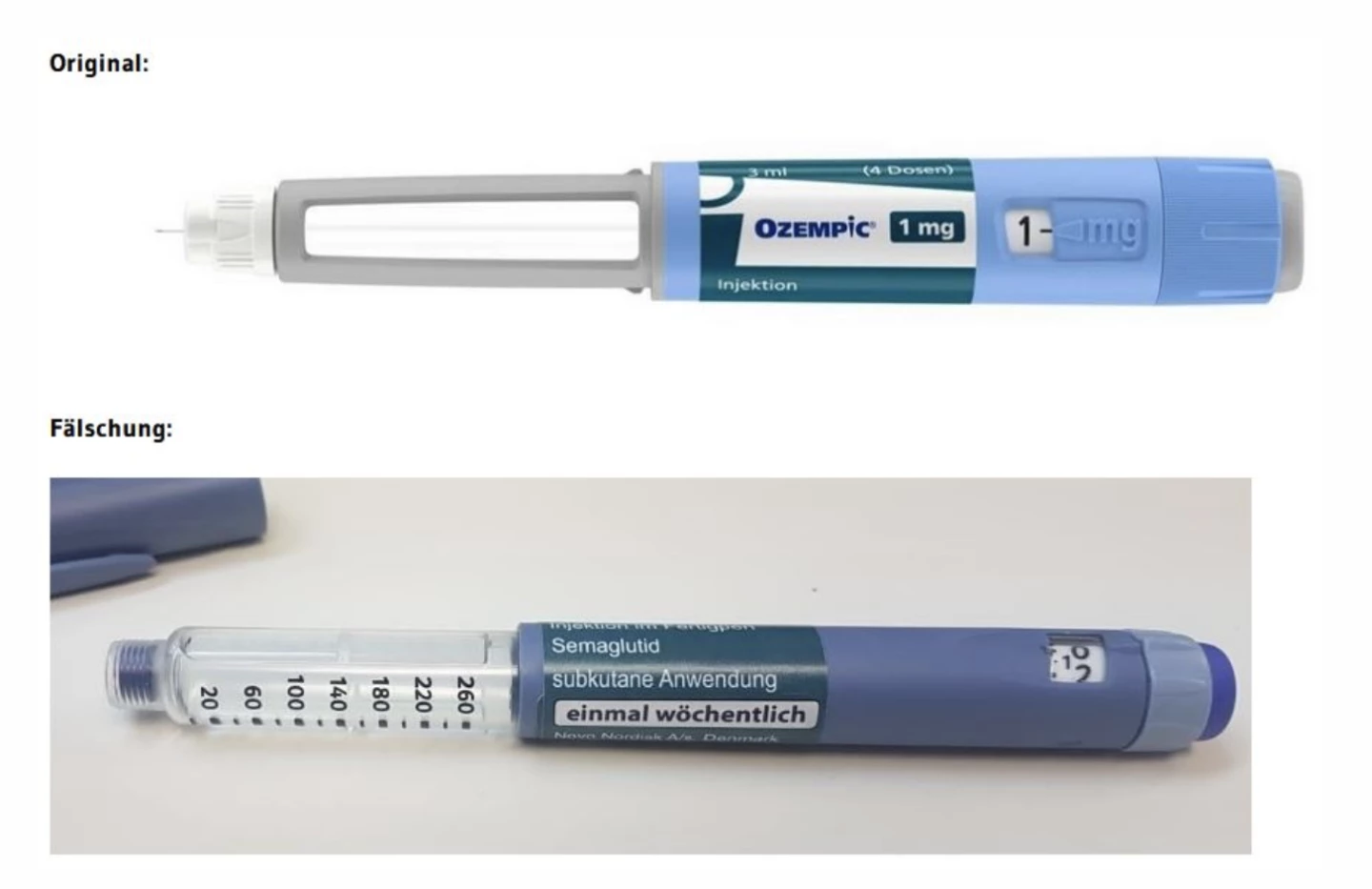 Germany's Federal Institute for Drugs and Medical Devices issued a warning about counterfeit pens and included this comparison in the PSA
