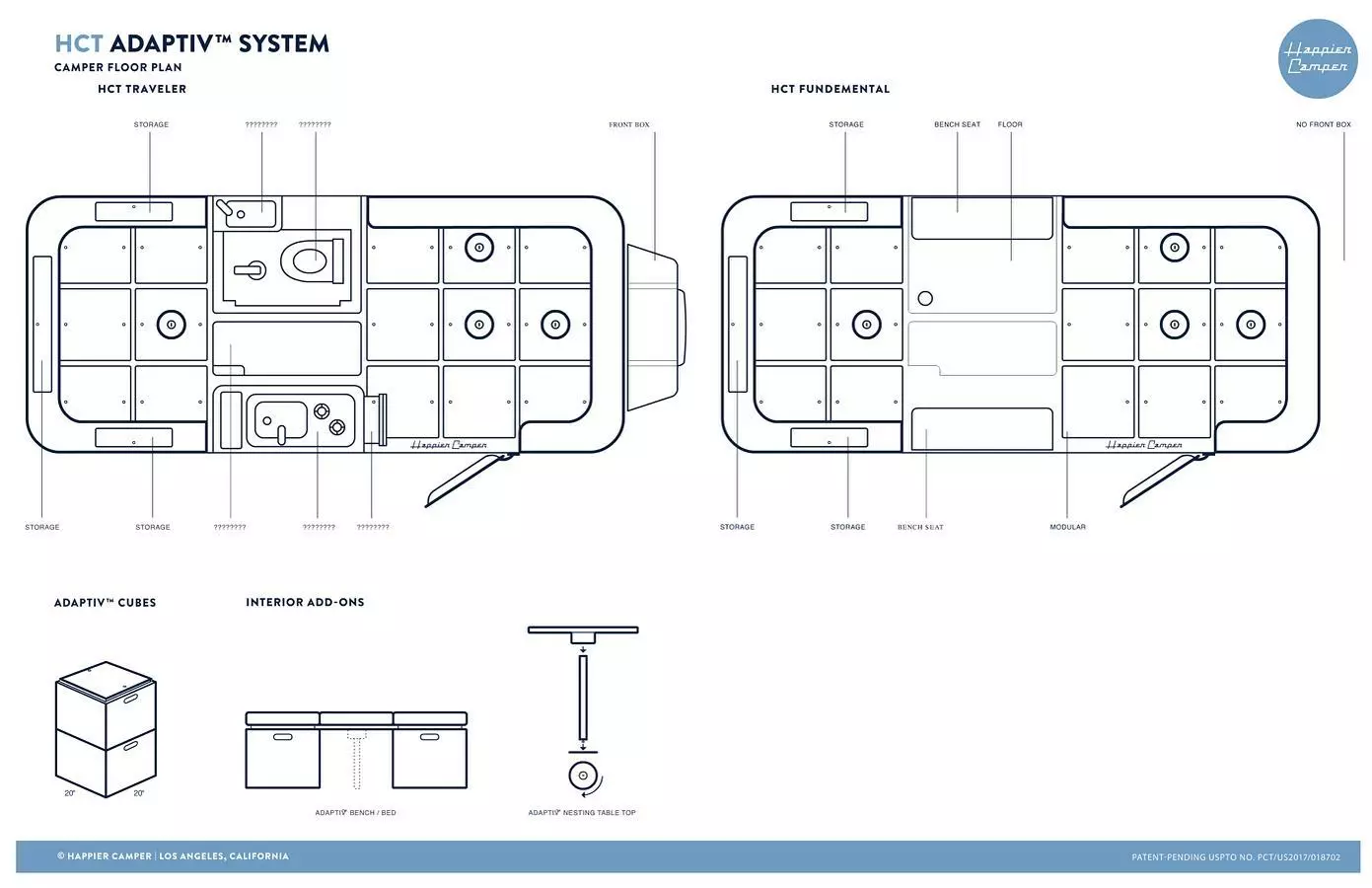 The two available Traveler floor plans: one with included kitchen and bathroom, one with free space in the center