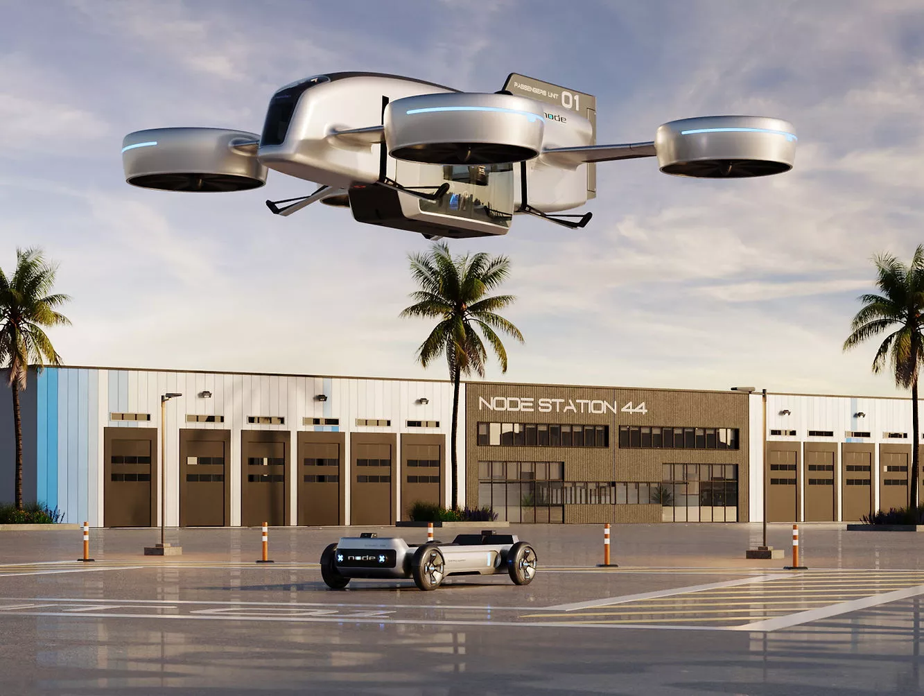 Node Air's modular transport system uses cargo and passenger pods, which can click onto land-based EV carriages or VTOL drone-style airf