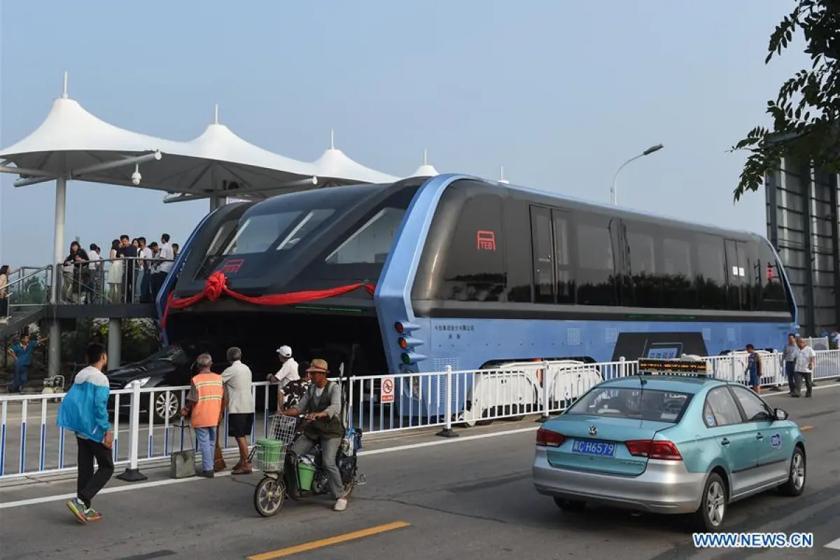 The Elevated Transit Bus on the street in Qinhuangdao, China