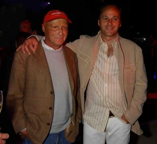 Fellow Austrians and former F1 stars Niki Lauda and Gerhard Berger at the party