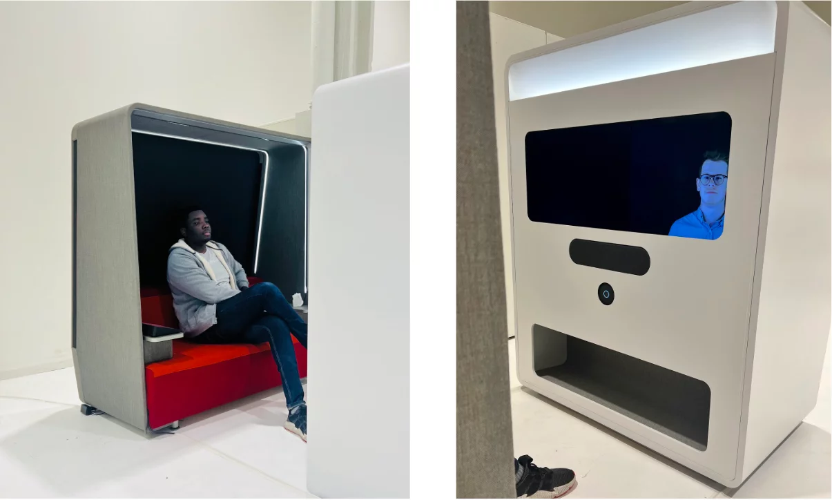 Version 4 of The Project Ghost videoconferencing booth shown in its fourth iteration. A working prototype has made its public debut at ISE 2023 and will now make its way to New York for demos in early spring