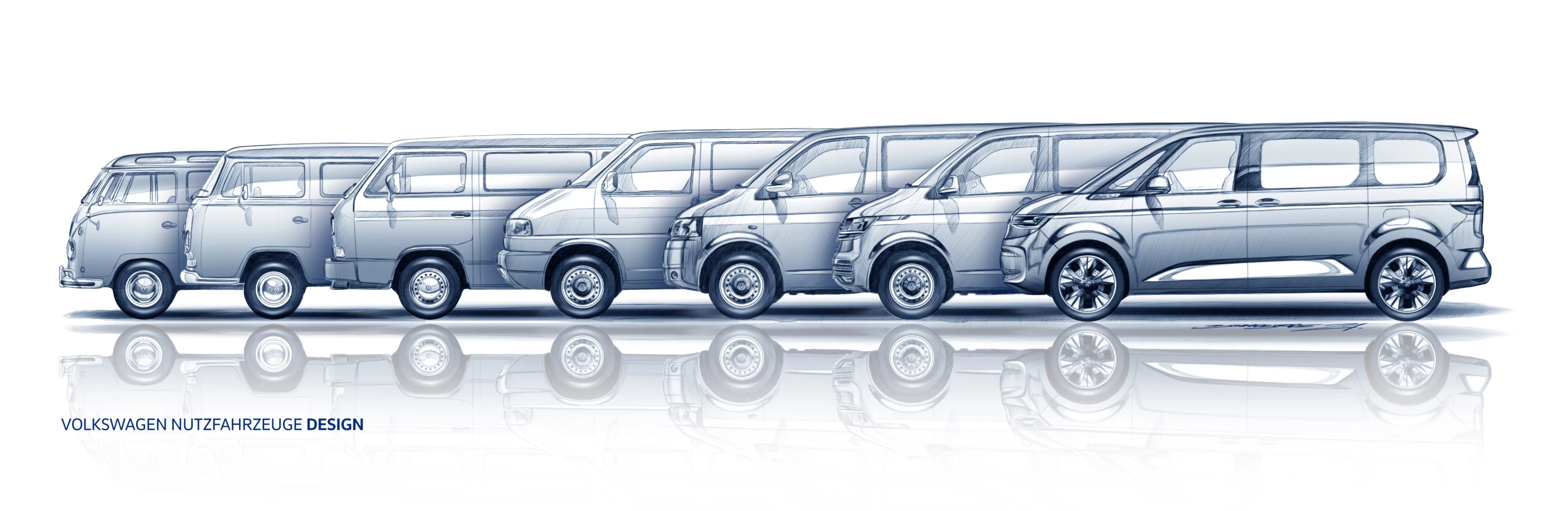 The full seven-generation sketch shows the profile and roof spoiler of the new Multivan