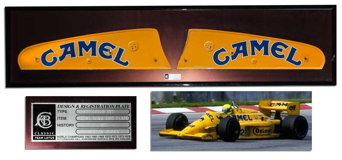 Senna’s 1987 Camel cigarettes-sponsored yellow Lotus 99T front wing end plates fetched US$31,250 at Nate D. Sanders Auctions on 29 August 2014