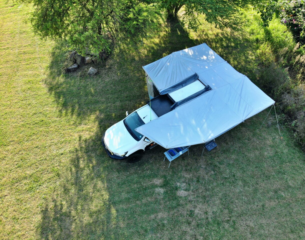 The available 270- and 180-degree canopies zip together to create wraparound coverage