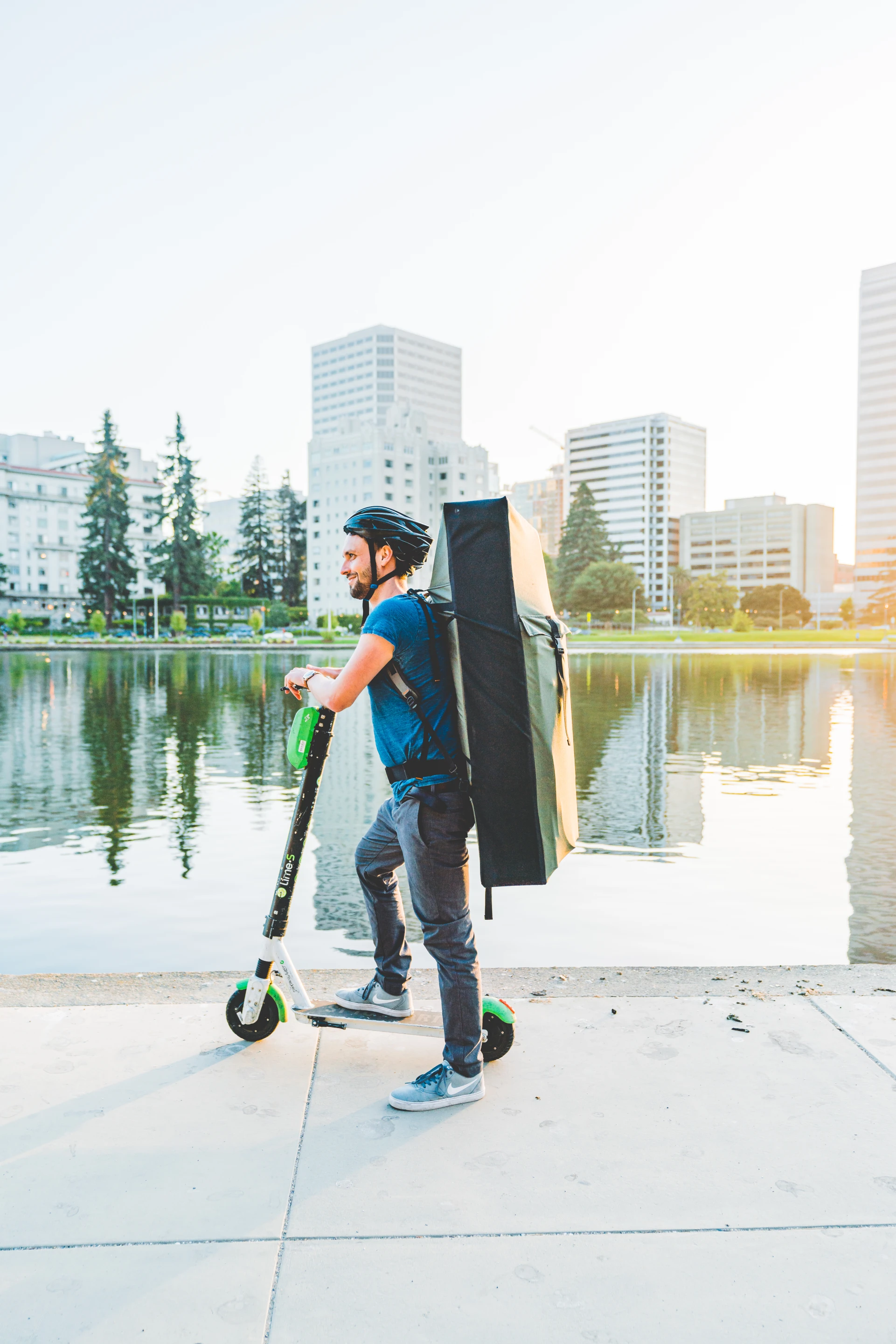 Strap the Inlet on your back and e-scooter to the water