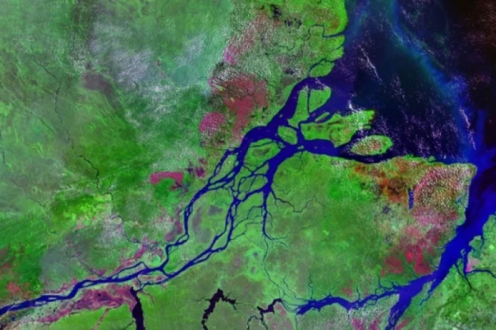 Where the river meets the sea - salt and freshwater could be used like a giant battery (Image of Amazon Estuary via NASA)