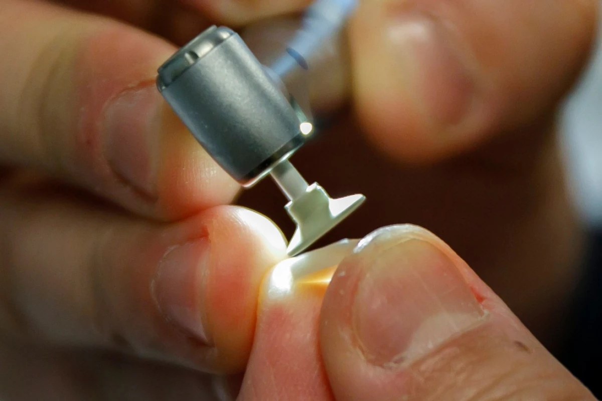 A slice of tooth is prepared for testing with the new filling material and adhesive