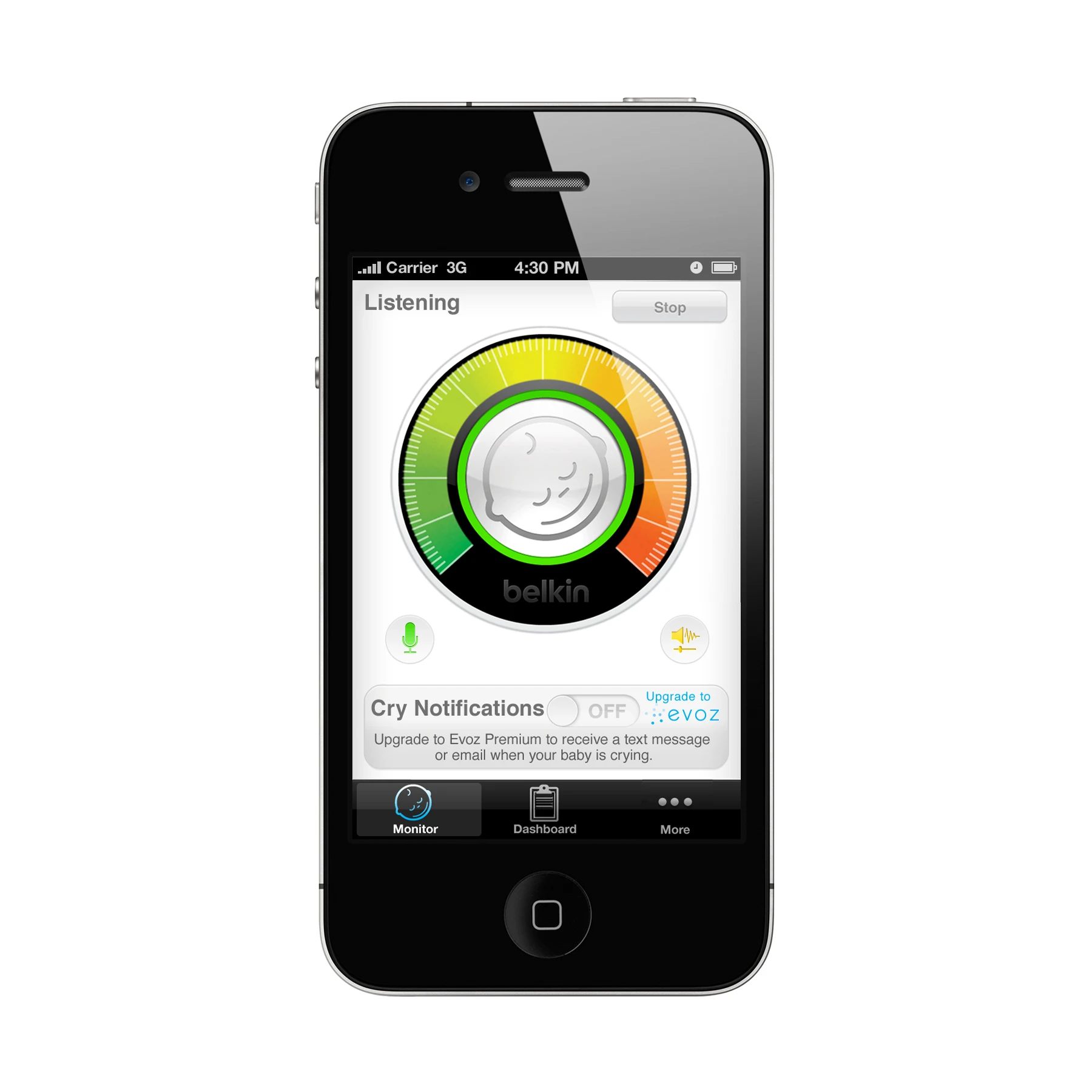 While the free app gives unlimited access to your baby’s status and sound, an optional upgrade from Evoz baby monitoring service provides advanced monitoring
