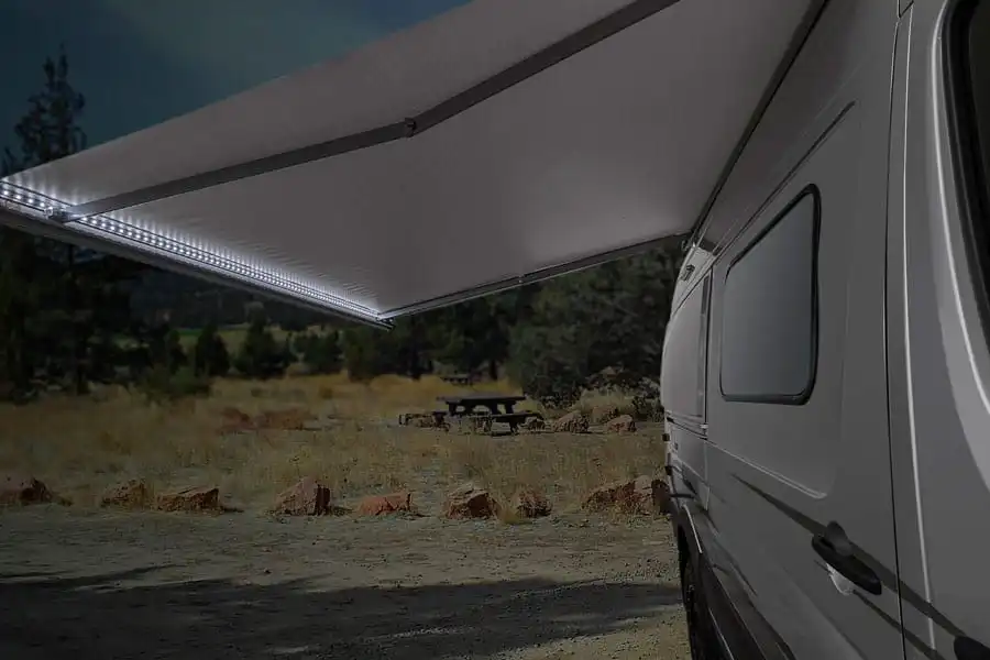The Revel includes an electric awning with LED lights and a built-in wind-retraction system