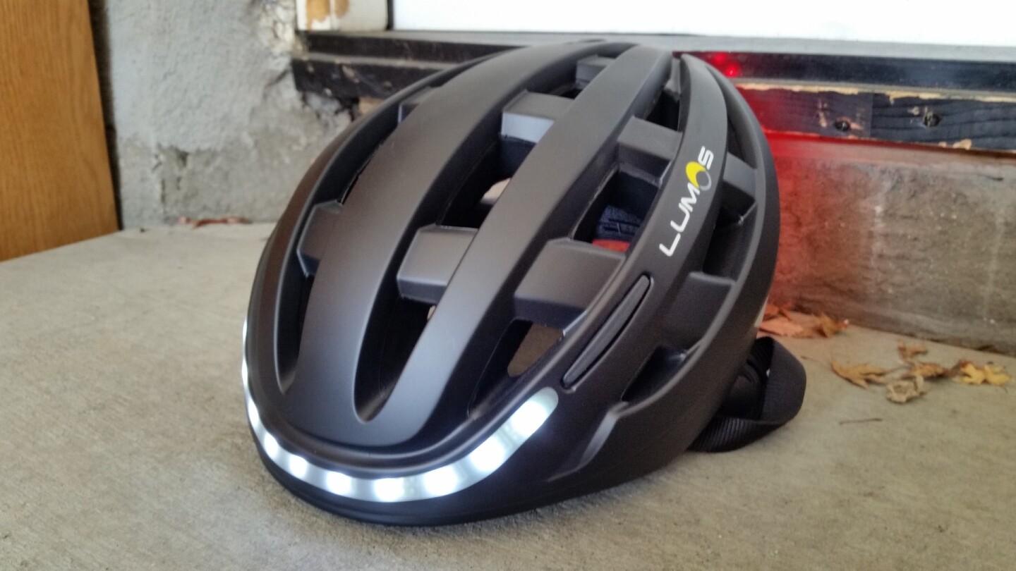 There are 28 bright white LEDs at the front of the Lumos helmet