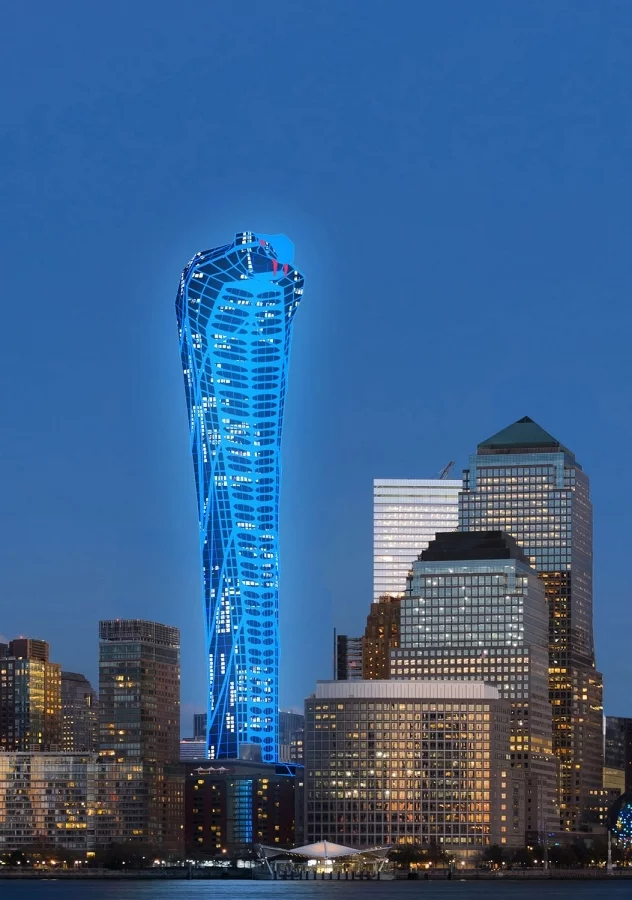 Lighting on the facade allows it to change color