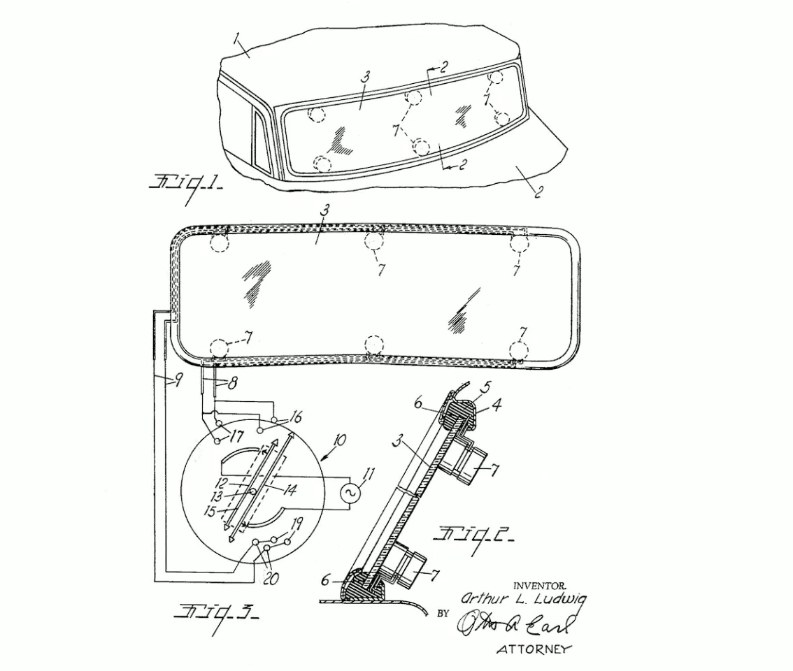 Arthur Ludwig's design for an ultrasonic windshield washer from his 1963 patent application (Image: US Patent 3171683 A)