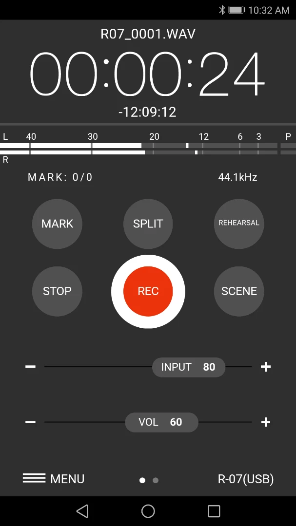 Screenshot of the Android app interface that can be used to wirelessly control the Roland R-07 audio recorder