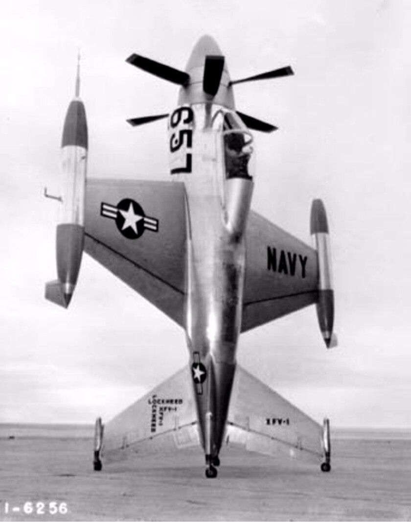 The Northrop Grumman Tern would take off from a tail-down position similar to this Lockheed XFV experimental VTOL aircraft from the 1950s