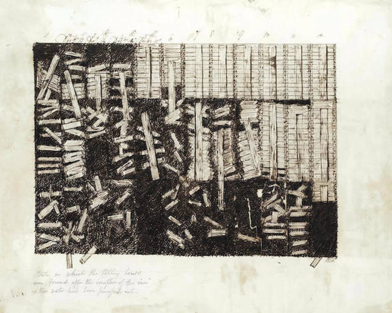 "State in which the Polling boards were found after the eruption of the river & the water had been pumped out"