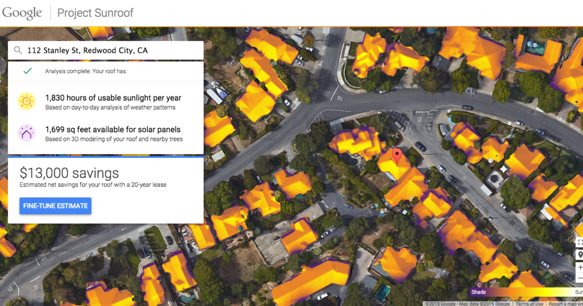 Project Sunroof calculates rooftop solar potential using Google Maps