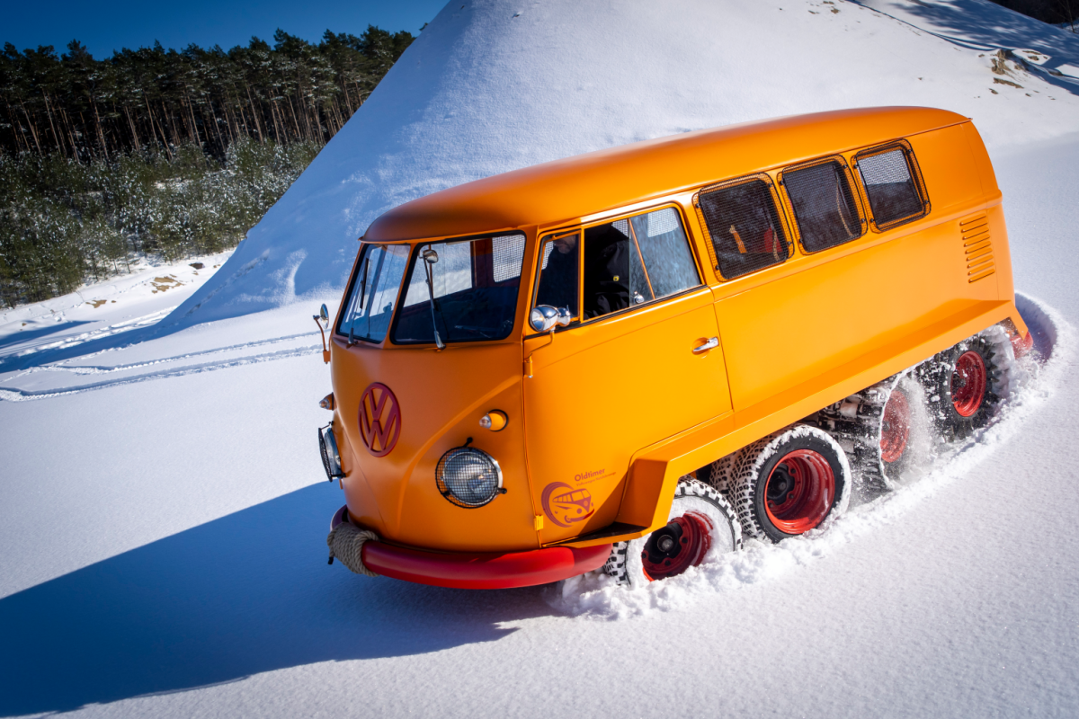 With its rear track system, the Half-track Fox can float and power through snow that would quickly incapacitate a regular van