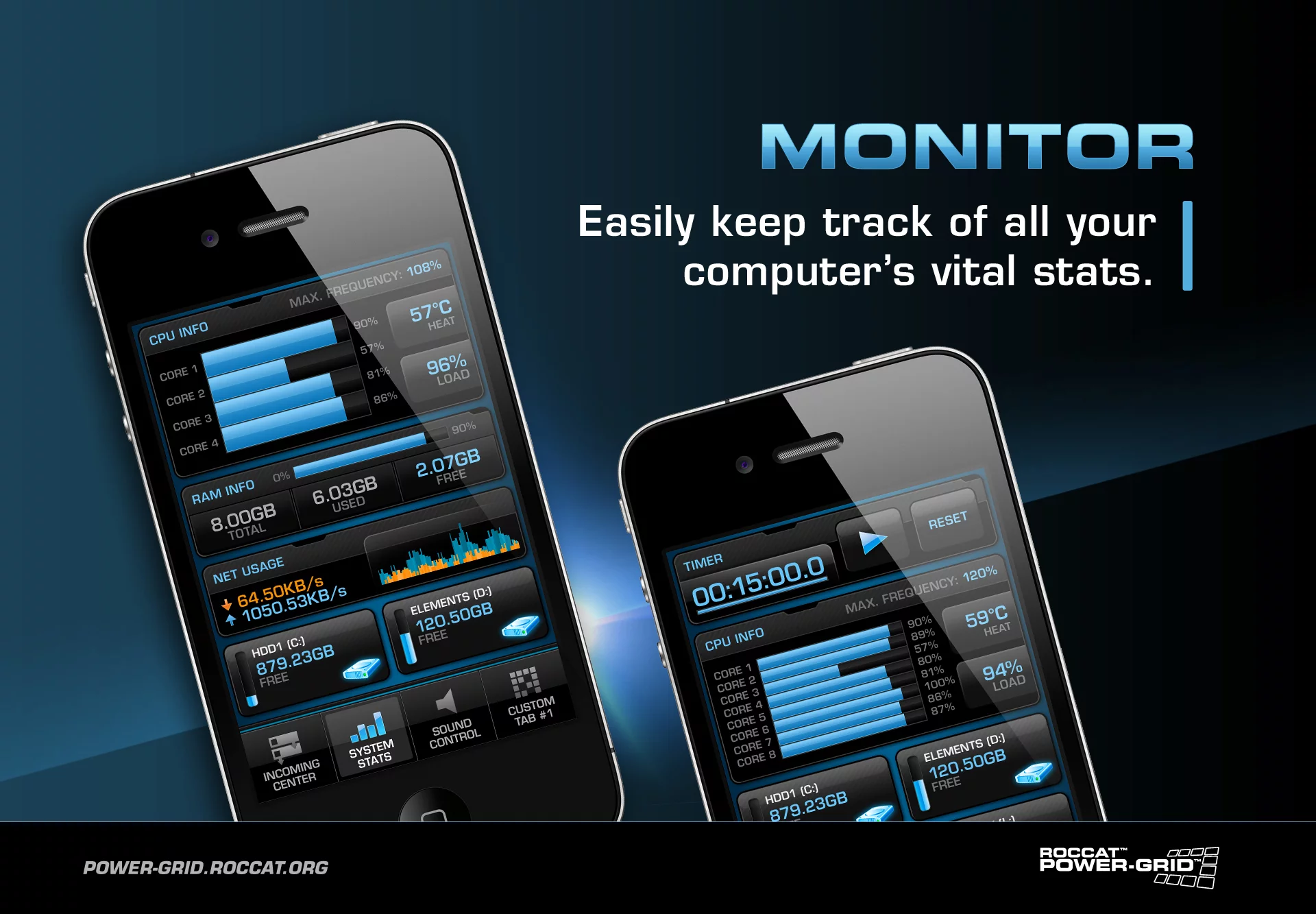 The Stats Control grid supplies the gamer with important information about the gaming PC