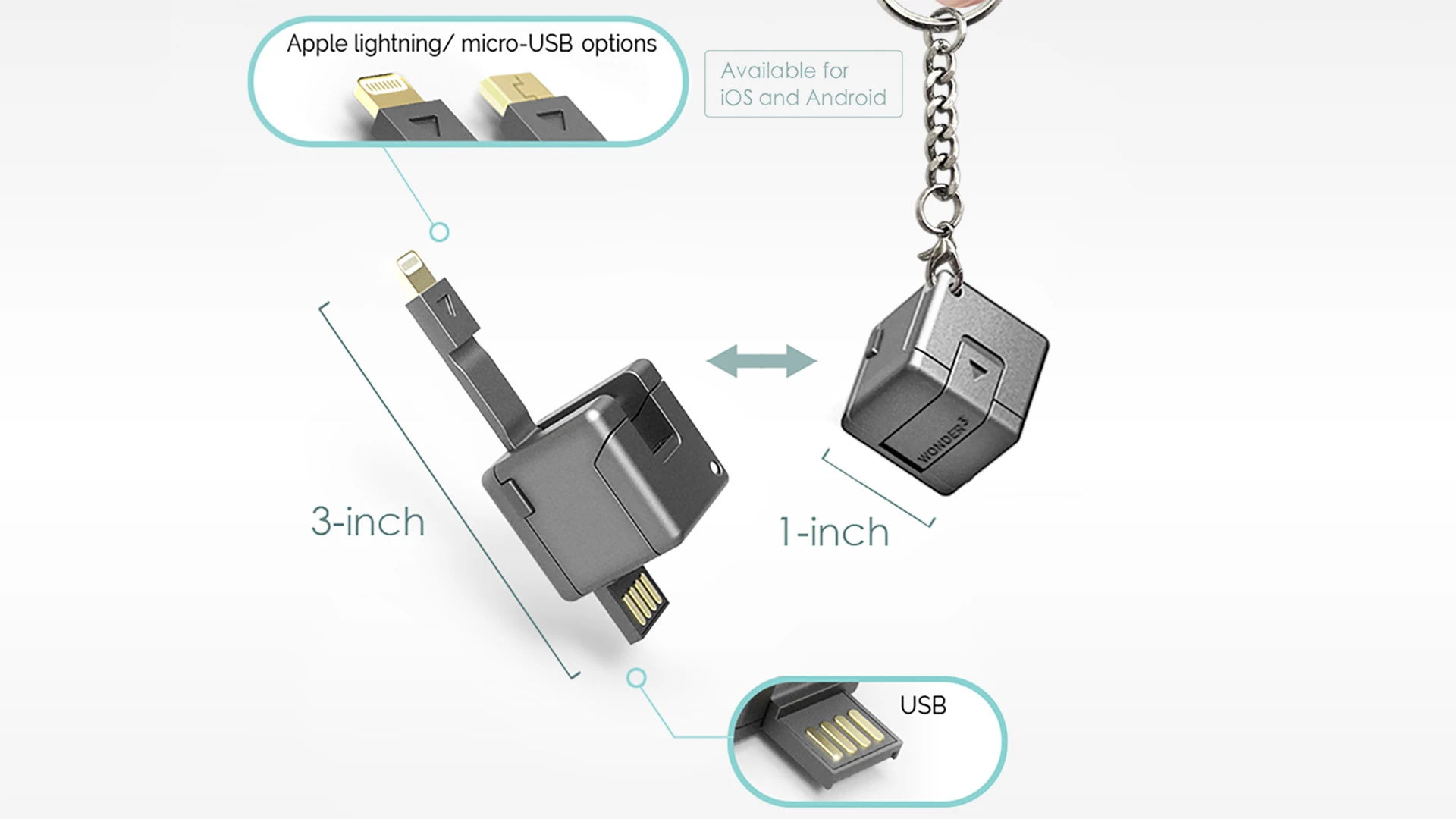 The flexible 3-inch (7.6 cm) foldout cable is available in both micro-USB and Lightning varieties, making it compatible with both the Android and recent iOS smartphones