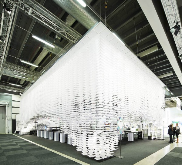 Wingårdh designed the dome shape by hanging the paper from a flat roof panel, and an “altar” displays discussion panels running throughout the week (Photo: Tord-Rikard Söderström)