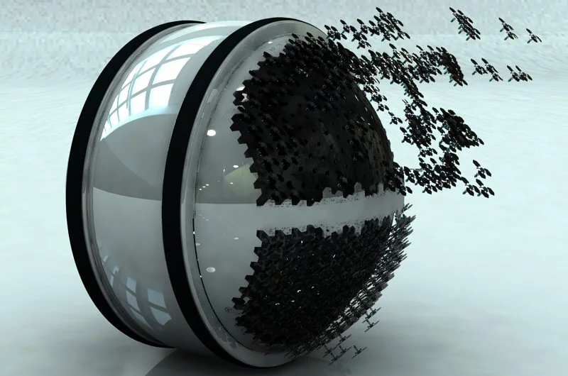 Mab is a compact circular unit fitted with hundreds of flying mini robots, which scan and clean interior spaces